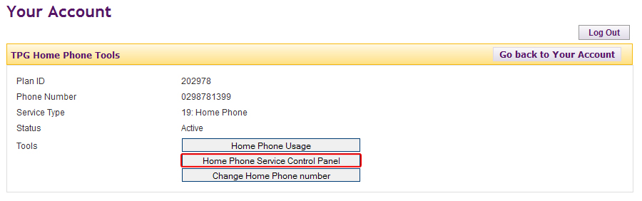 View Home Phone Service Control Panel